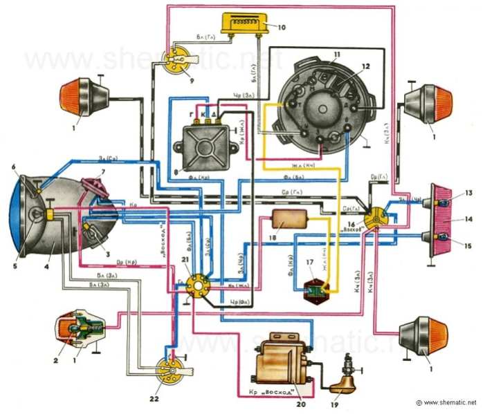 Условные обозначения датчиков, органов управления и контроля к схеме электрооборудования мотоциклов.<br /><br />1 - указатели поворота;<br />2 - лампа указателя поворота;<br />3 - лампа подсветки спидометра;<br />4 - фара;<br />5 - лампа А6 — 32 + 32;<br />6 - лампа А6 — 6;<br />7 - звуковой сигнал;<br />8 - электронный коммутатор;<br />9 - переключатель указателей поворота;<br />10 - дроссель;<br />11 - генератор;<br />12 - датчик;<br />13 - лампа освещения номерного знака;<br />14 - задний фонарь:<br />15 - лампа сигнала торможения;<br />16 - соединительная колодка;<br />17 - включатель сигнала торможения;<br />18 - реле-прерыватель РС421;<br />19 - свеча зажигания;<br />20 - высоковольтный трансформатор;<br />21 - центральный переключатель;<br />22 - переключатель света.
